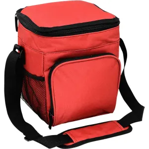 A red waterproof cooler bag with a zippered top, adjustable strap, and front mesh pocket, featuring a logo.