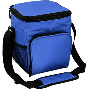 A blue cooler bag with a zippered top, adjustable strap, and front mesh pocket. It features a logo.