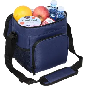 A navy cooler bag filled with apples, oranges, water bottles, and yogurt containers. It features a shoulder strap and a logo.