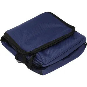 A navy blue cooler bag, compactly zipped and folded, with a mesh pocket and a branded logo.