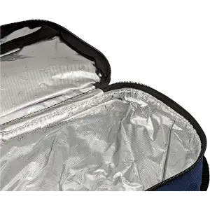 A waterproof cooler bag in navy blue, featuring a silver insulated interior and a black zipper.