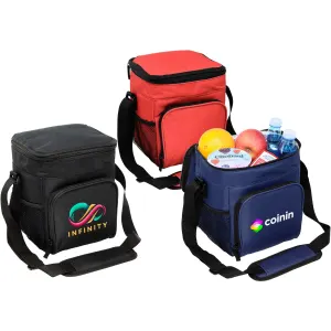 Three cooler bags in black, red, and navy, featuring logos, filled with drinks and snacks.