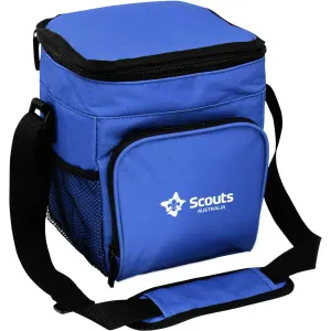 A blue waterproof cooler bag with a detachable shoulder strap and a front mesh pocket, featuring a logo.