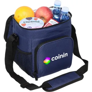 A navy cooler bag filled with fruits, yoghurt, and water bottles, featuring a logo on the front.