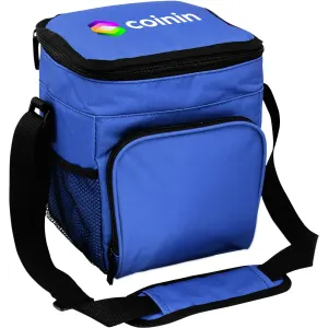 A blue waterproof cooler bag with a shoulder strap and mesh pocket, featuring a logo on the front.