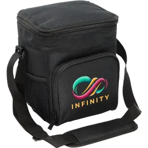 A black Cruiser Waterproof Cooler with a shoulder strap and a front pocket featuring a logo.