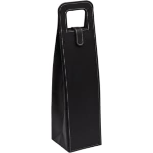 A black bag with a handle and white stitching, designed for carrying bottles. It includes a branding logo.
