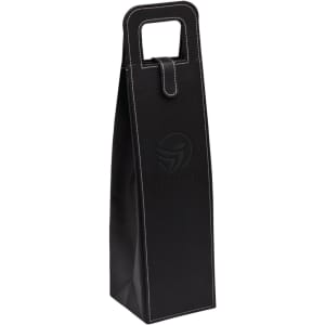 A black wine bag with a handle and stitch detailing, featuring a logo on the front.