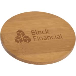 A round bamboo coaster featuring a logo design, showcasing the natural bamboo colour and smooth finish.