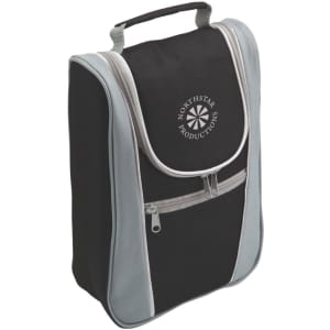 A drink bottle cooler bag featuring a black and grey design with a handle and front zip pocket. It has a logo on it.