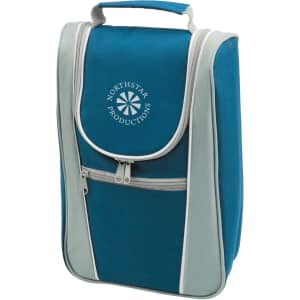 A drink bottle cooler in teal and grey, featuring a zip closure and a front pocket. Includes a logo.