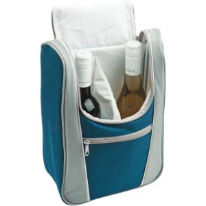 A drink bottle cooler in teal and grey, designed to hold two bottles, featuring a front pocket and insulated interior.