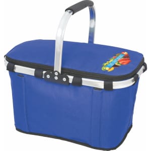A blue cooler bag with a handle, featuring a logo and a zippered lid. Designed for transporting food and drinks.