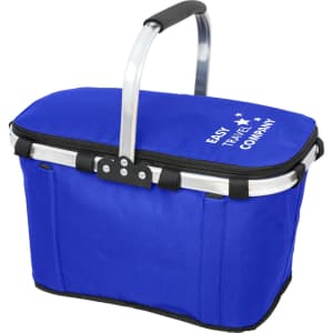 A blue cooler bag with a sturdy handle and a zippered top, featuring a logo on one side.