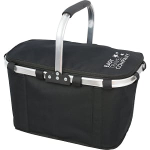 A black cooler bag with a silver handle and a logo on the side, featuring a sturdy, rectangular design.