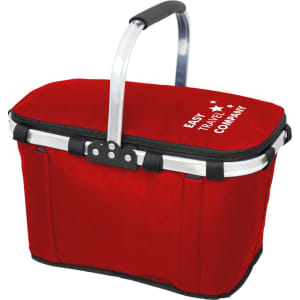 A red cooler bag with a metal handle and a logo on the side, featuring a zippered closure.