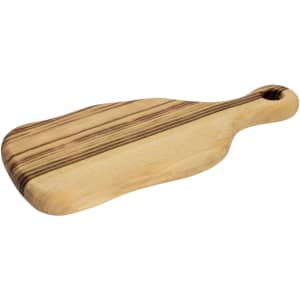 A wooden serving board in natural wood tones with contrasting stripes and a handle for easy carrying.