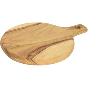 A round wooden serving board with a smooth surface and a handle, featuring natural wood tones and grains.