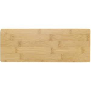 A rectangular bamboo cheese board with a smooth surface and natural finish. Contains a branding logo.