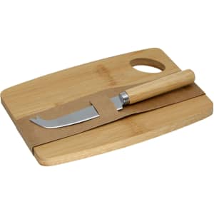 A bamboo cheese board with a stainless steel knife, featuring a wooden handle, secured with a paper band.