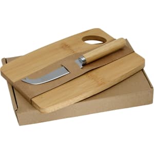 A bamboo cheese board set featuring a knife, presented in a kraft box. The set is natural in colour.