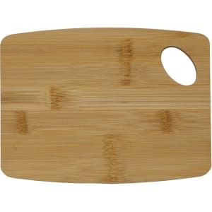 A bamboo cheese board with a curved handle, featuring a smooth, natural finish.