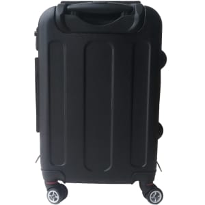 A black wheeled carry-on suitcase with a sturdy handle and smooth-rolling wheels, featuring a logo.