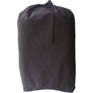 A black carry-on suitcase with a drawstring closure, featuring a logo or branding on the surface.