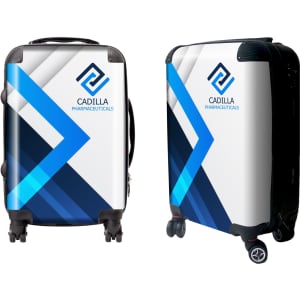 A wheeled suitcase in white and blue with a logo and geometric design. Features two wheels and a telescopic handle.