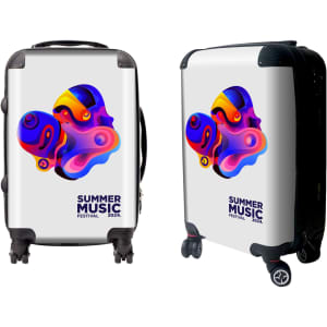 A wheeled suitcase featuring a vibrant, abstract design with multiple colours. It has a logo and branding on the surface.