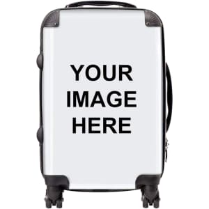 A wheeled carry-on suitcase in white with black accents and a logo. Features a handle and wheels for easy transport.
