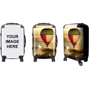 A wheeled suitcase featuring a colourful hot air balloon design, with a black frame and wheels. It has a logo and branding.