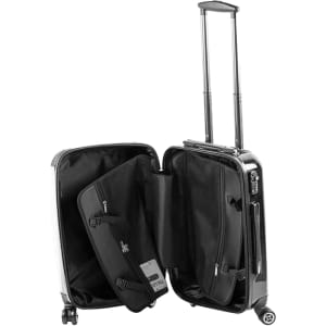 A black wheeled carry-on suitcase with a telescopic handle, open to reveal its interior compartments.