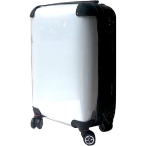 A sleek silver carry-on suitcase with black accents and wheels, featuring a logo on the side.