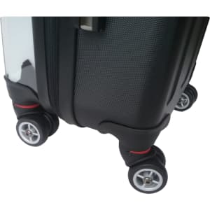 A black wheeled carry-on suitcase featuring four spinner wheels for easy manoeuvrability and a textured finish.