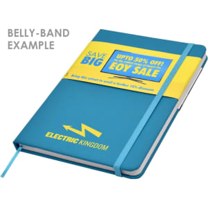 A turquoise notepad with a matching elastic band and a belly band featuring a branding logo.