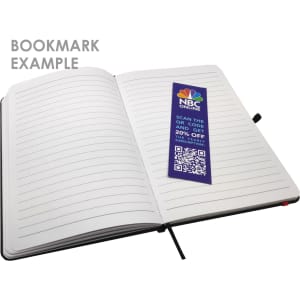 A notepad with blank lined pages and a bookmark inserted, featuring a design with various colours and a logo.