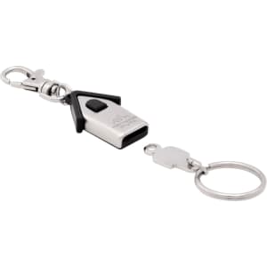 A silver keyring shaped like a house, featuring a clip and a detachable keyring.