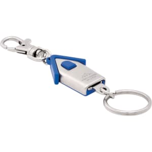 A keyring featuring a house-shaped design in silver and blue, with a metal clip and keyring attachment.