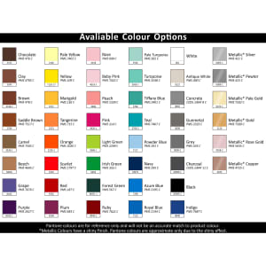 A palette of available colour options for promotional products, featuring various shades including whites, blues, greens, and metallics.