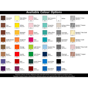 A colour chart displaying various options for the "Carnival Pro INDENT A5 Notebook," including shades like teal, pink, and metallic gold.