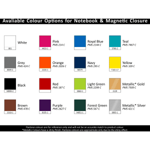 A selection of colourful A5 portfolios, including pink, teal, orange, and metallic shades, each displaying a logo.