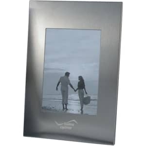 A sleek silver photo frame featuring a portrait orientation, designed to hold a single photo.