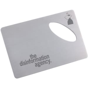 A drink bottle opener in a silver stainless-steel design, featuring a rounded cut-out and a logo.