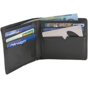 A black wallet opened to display Australian banknotes and multiple card slots, with a sleek silver card visible.