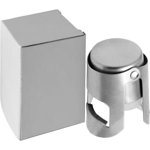 A stainless steel drink bottle stopper next to a square box, both in a sleek, silver finish.