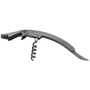 A drink bottle corkscrew and opener in a sleek, dark grey finish, featuring a logo on the handle.