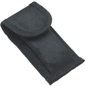 A black fabric pouch with a flap closure, featuring a textured finish and a sewn-in design.
