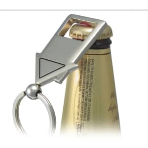 A drink bottle opener keyring in silver, featuring a triangular design and a smooth ball attachment.