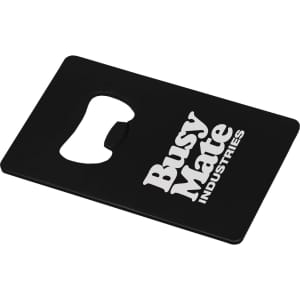 A drink bottle opener with a rectangular black design featuring a logo. It is slim and card-sized.
